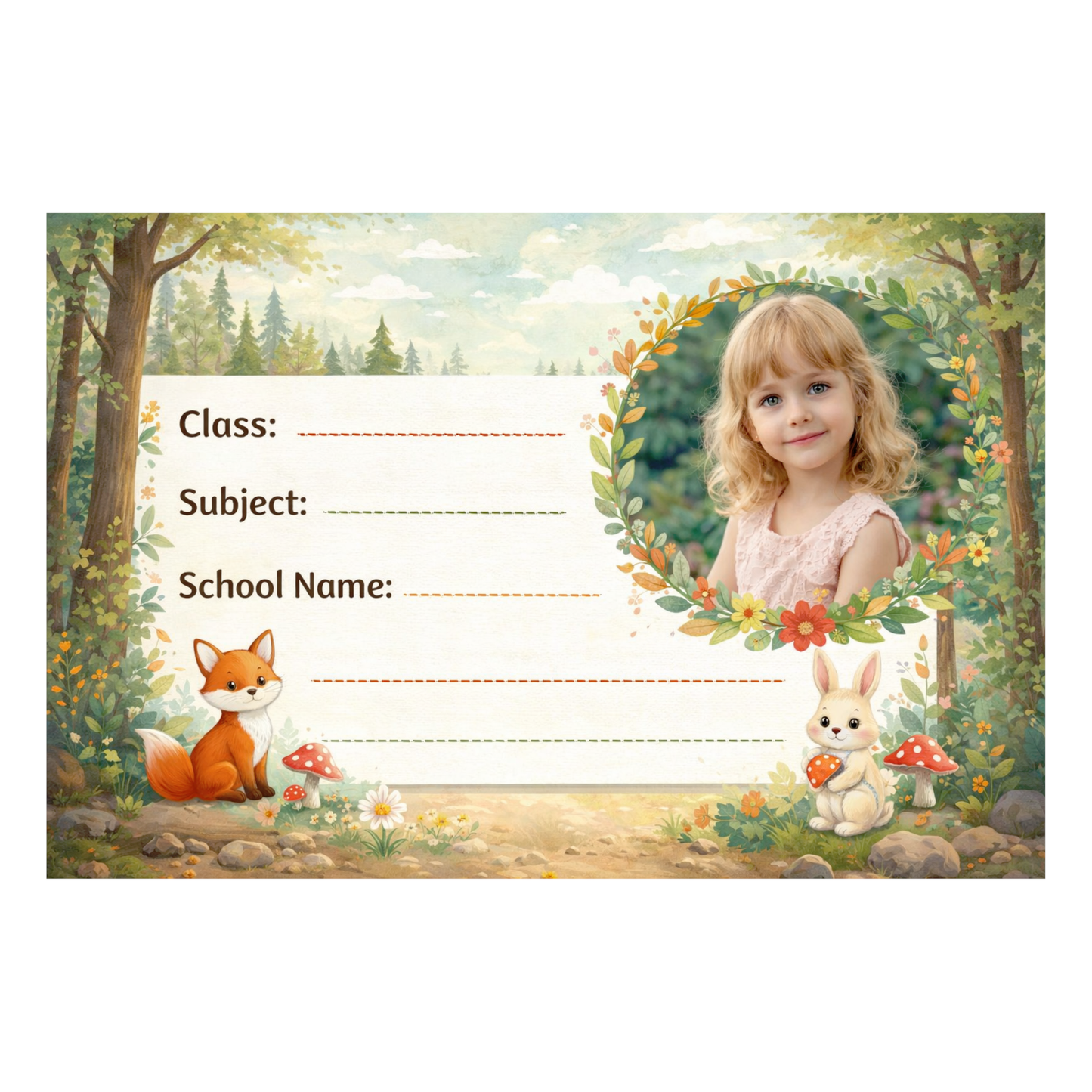 Smeeps Personalized Forest Animal School Label Stickers – Pack of 10 | 3 x 2 Inch Custom Name Labels with Photo | Cute Fox & Bunny Nature Theme | Waterproof Premium Finish