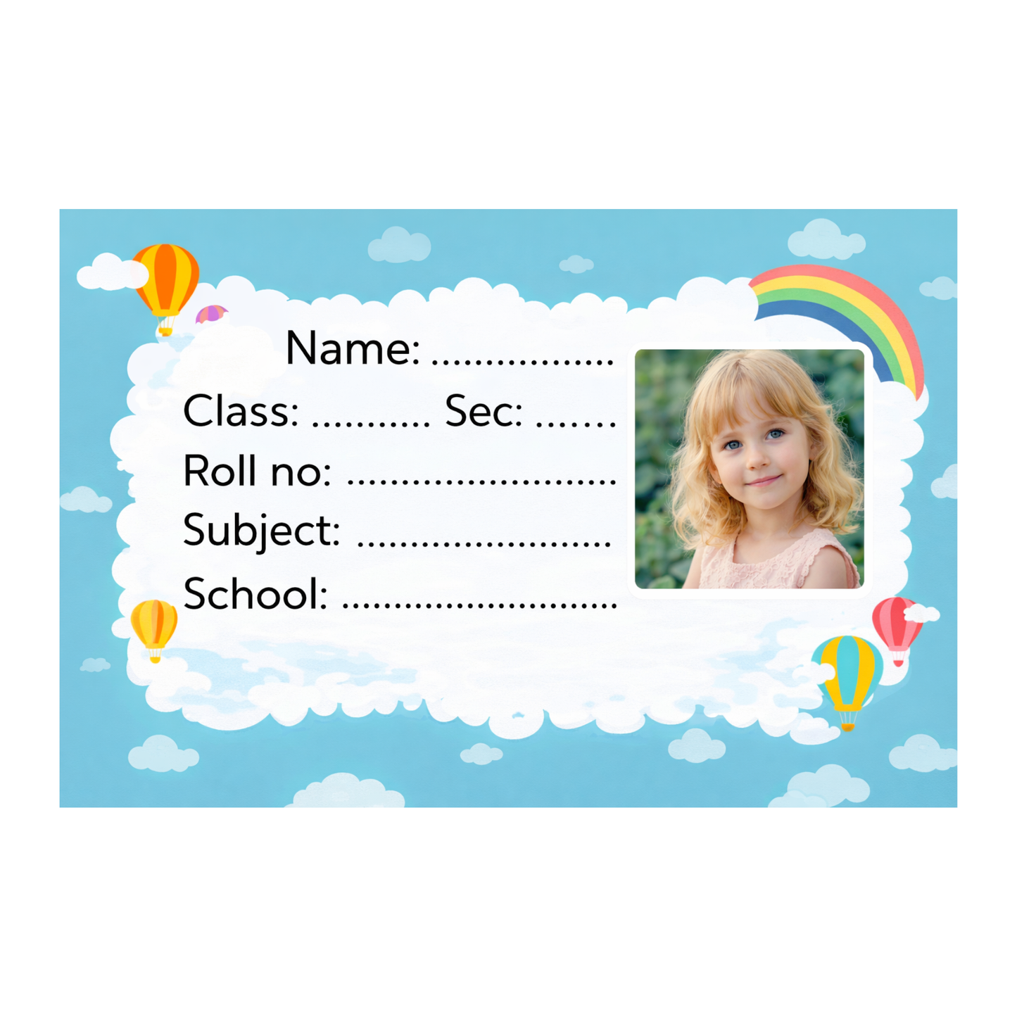 Smeeps Personalized Sky Theme School Label Stickers – Pack of 10 | 3 x 2 Inch Custom Name Labels with Photo | Cloud, Rainbow & Hot Air Balloon Design | Waterproof Premium Finish