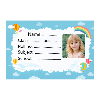 Smeeps Personalized Sky Theme School Label Stickers – Pack of 10 | 3 x 2 Inch Custom Name Labels with Photo | Cloud, Rainbow & Hot Air Balloon Design | Waterproof Premium Finish