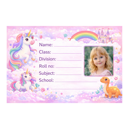 Smeeps Personalized Unicorn Fantasy School Label Stickers – Pack of 10 | 3 x 2 Inch Custom Name Labels with Photo | Pastel Rainbow Unicorn & Castle Theme | Waterproof Premium Finish