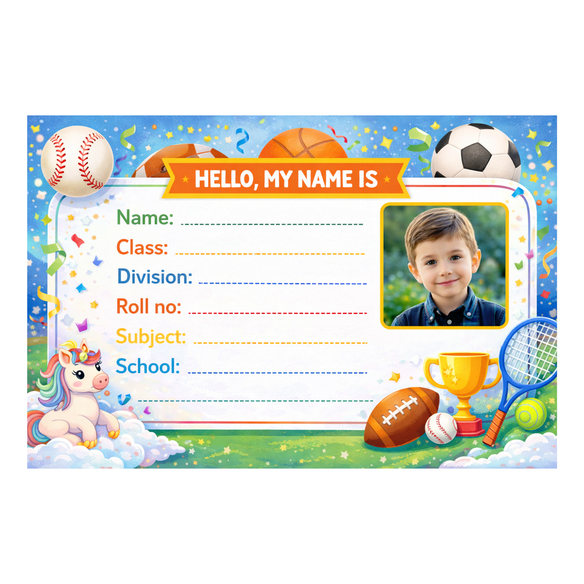 Smeeps Personalized Sports Theme School Label Stickers – Pack of 10 | 3 x 2 Inch Custom Name Labels with Photo | Football, Cricket, Basketball Design | Waterproof Premium Finish