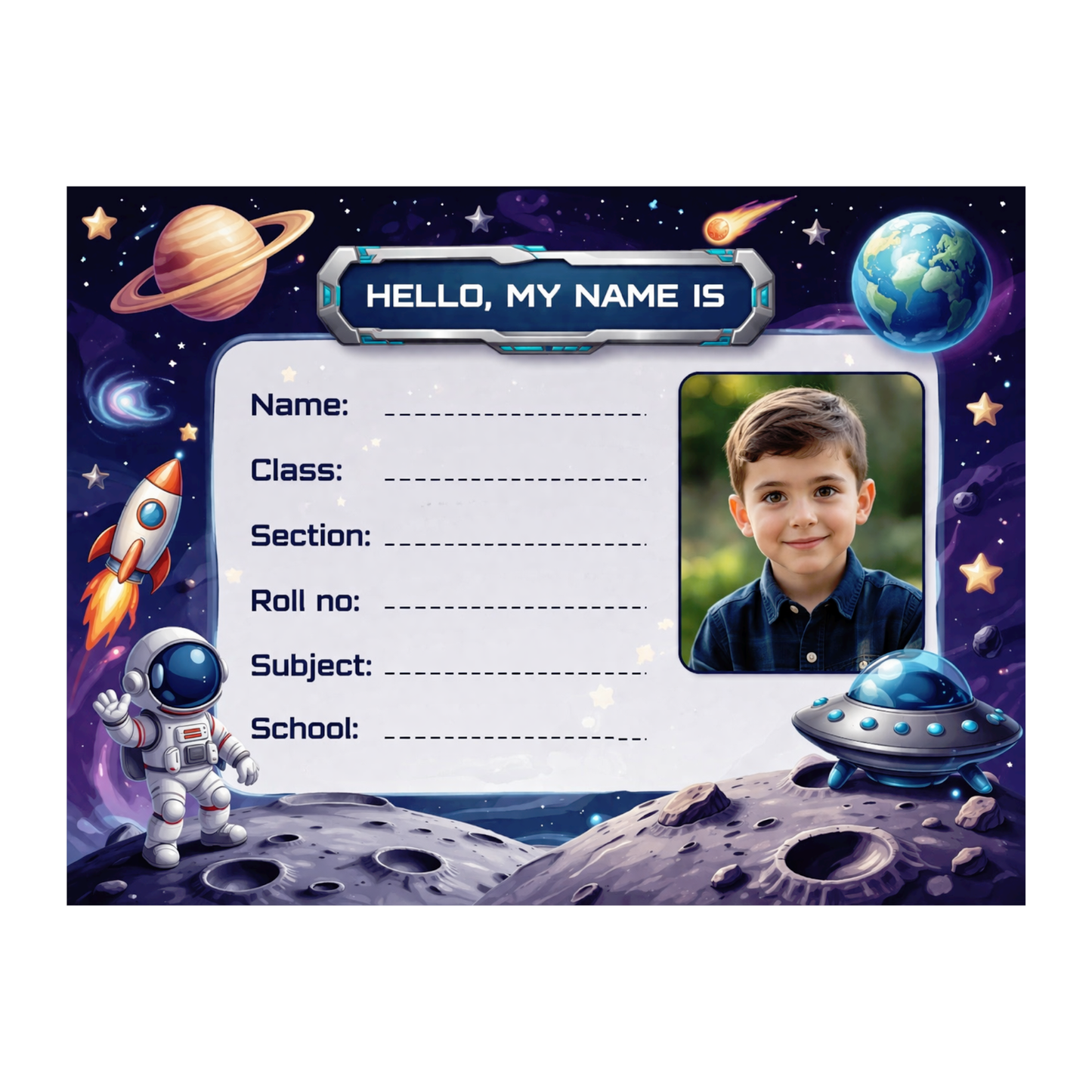 Smeeps Personalized Space Galaxy School Label Stickers – Pack of 10 | 3 x 2 Inch Custom Name Labels with Photo | Astronaut, Rocket & Planet Theme | Waterproof Premium Finish