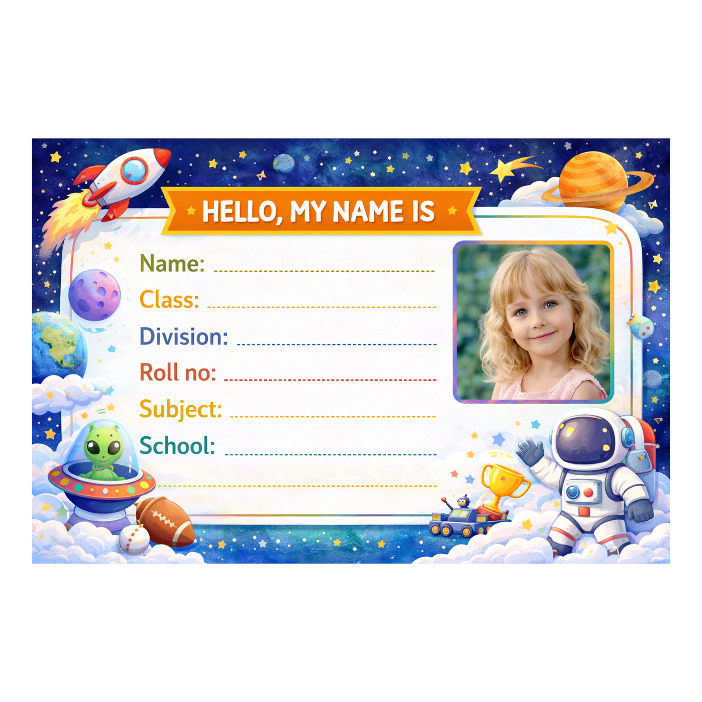 Smeeps Personalized Space Sports School Label Stickers – Pack of 10 | 3 x 2 Inch Custom Name Labels with Photo | Rocket, Astronaut & Sports Theme | Waterproof Premium Finish