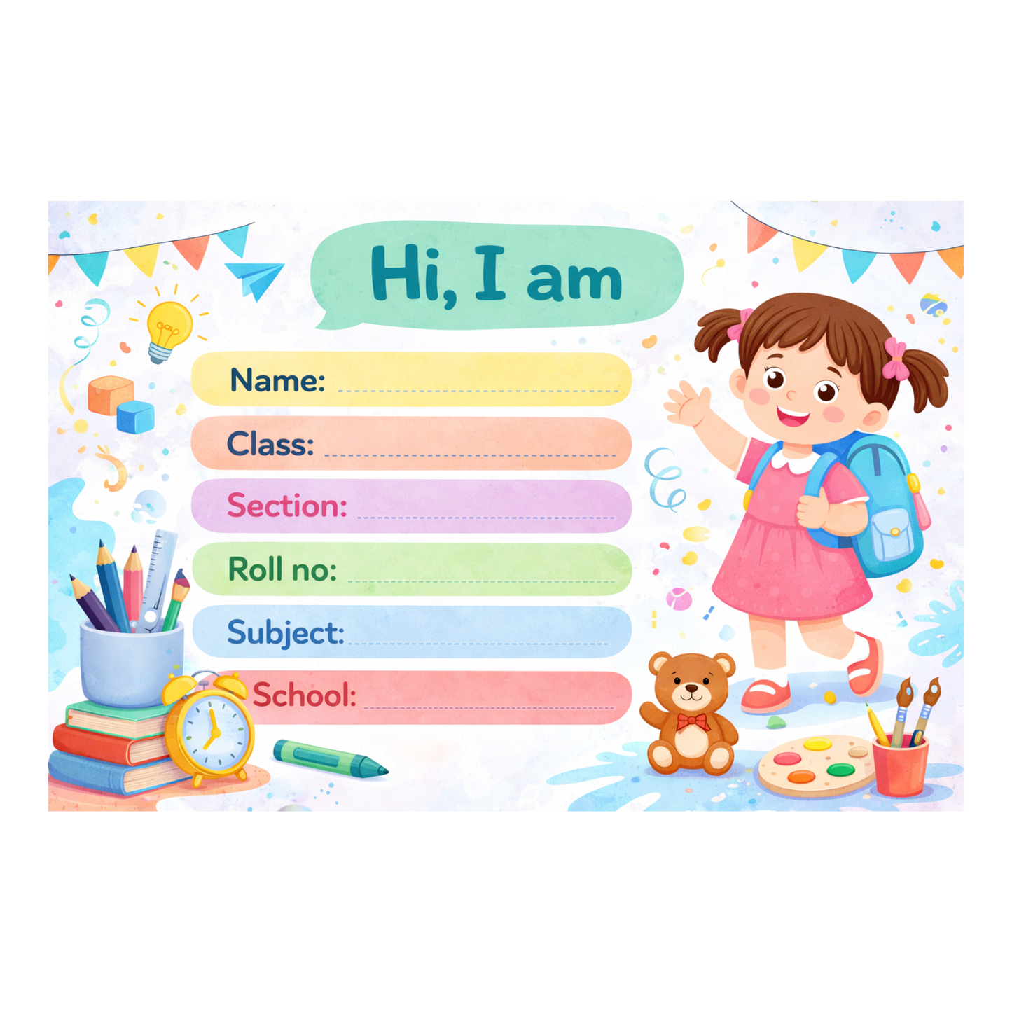 Smeeps Cute School Girl Name Labels Sticker – 7.62 × 5.08 cm (3 × 2 Inch) Personalized Writable Notebook Labels for Kids | Colorful School Theme Sticker Pack of 10
