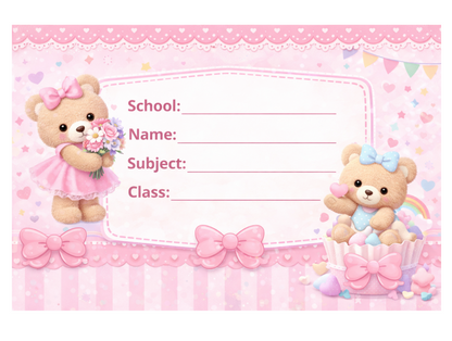 Smeeps Cute Teddy Bear School Name Labels Sticker – 7.62 × 5.08 cm (3 × 2 Inch) Personalized Writable Notebook Labels for Kids | Pink Teddy Theme Sticker Pack of 10