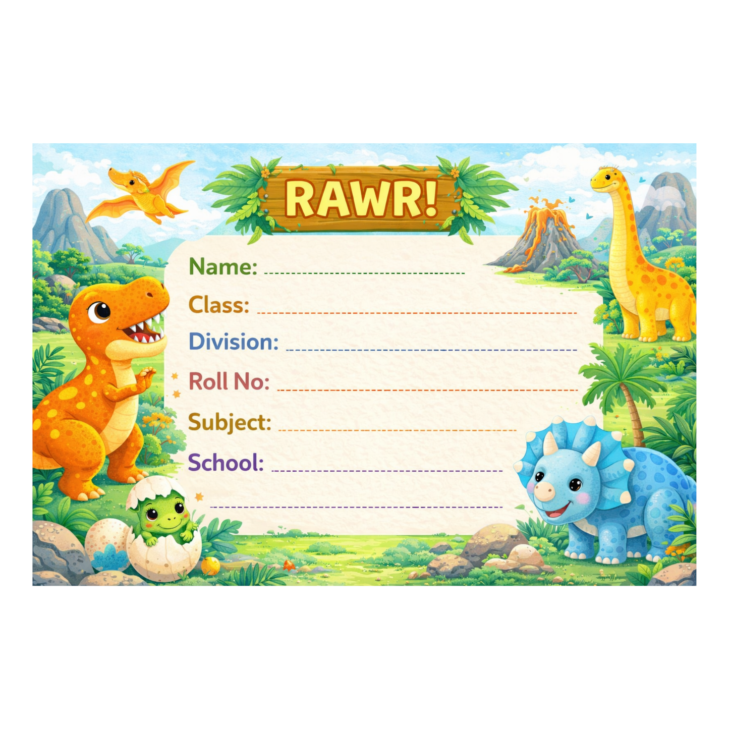 Smeeps Dinosaur Theme School Name Labels Sticker – 7.62 × 5.08 cm (3 × 2 Inch) Personalized Writable Notebook Labels for Kids | Cute Dino Jungle Theme Sticker Pack of 10