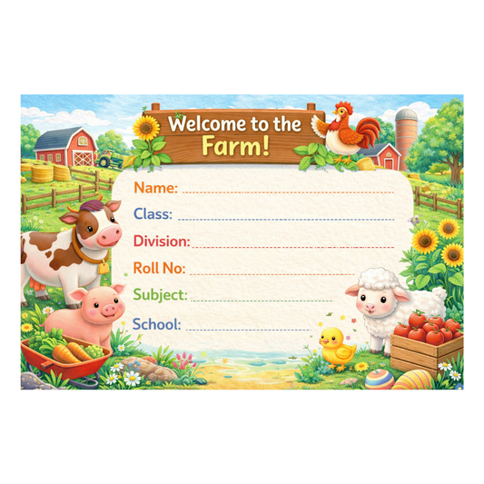 Smeeps Welcome to the Farm School Name Labels Sticker – 7.62 × 5.08 cm (3 × 2 Inch) Personalized Writable Notebook Labels for Kids | Cute Farm Animals Theme Sticker Pack of 10
