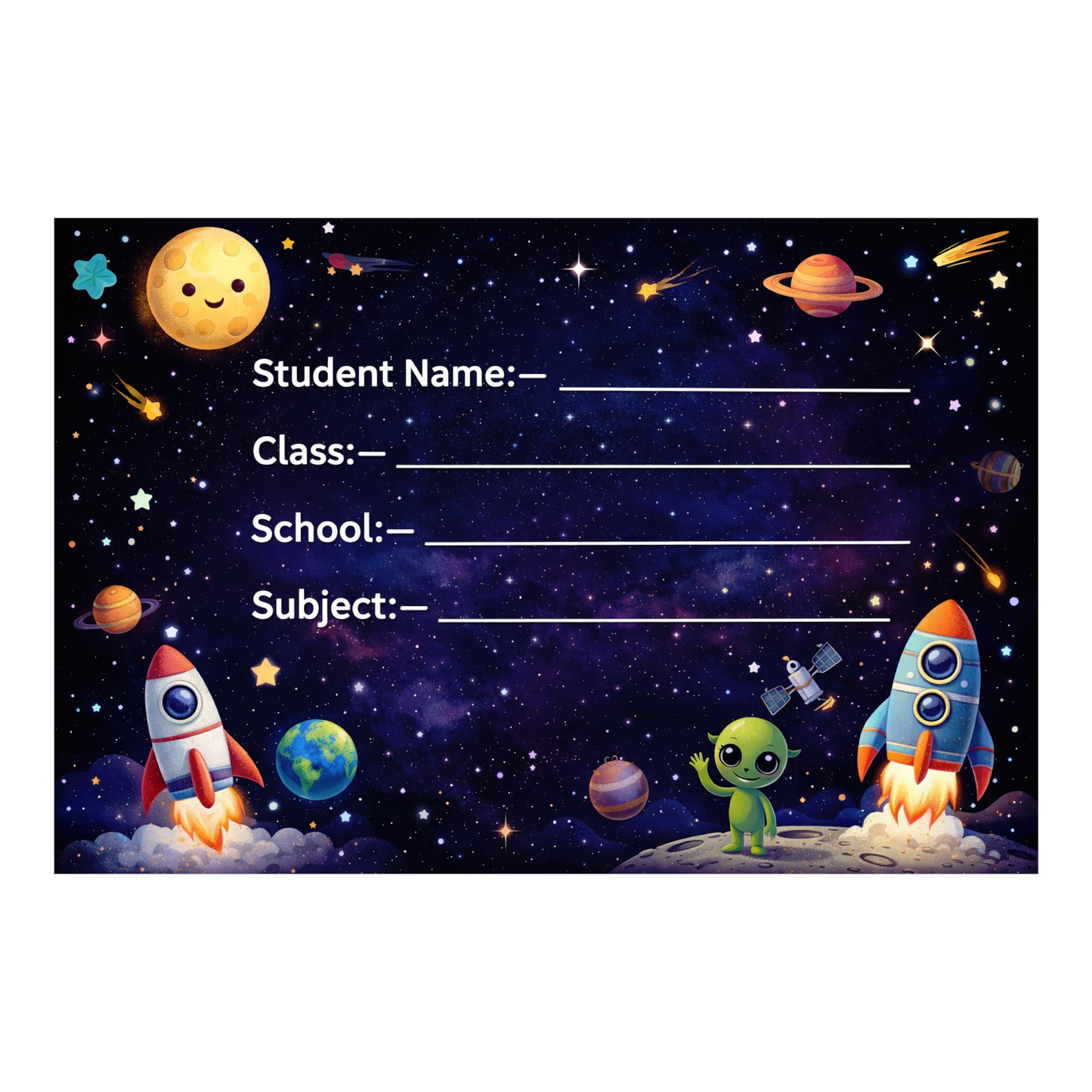 Smeeps Space Galaxy School Name Labels Sticker – 7.62 × 5.08 cm (3 × 2 Inch) Personalized Writable Notebook Labels for Kids | Rocket & Alien Theme Sticker Pack of 10