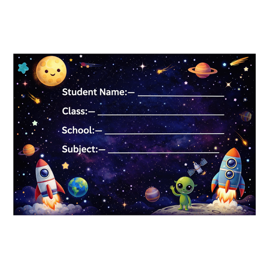 Smeeps Space Galaxy School Name Labels Sticker – 7.62 × 5.08 cm (3 × 2 Inch) Personalized Writable Notebook Labels for Kids | Rocket & Alien Theme Sticker Pack of 10