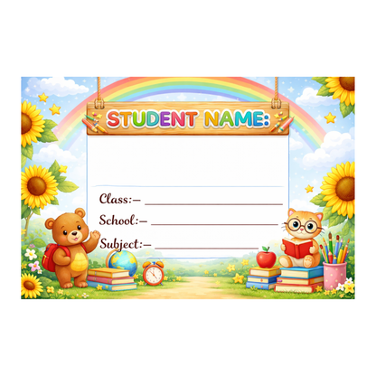 Smeeps Rainbow Teddy School Name Labels Sticker – 7.62 × 5.08 cm (3 × 2 Inch) Personalized Writable Notebook Labels for Kids | Cute Bear & Cat Theme Sticker Pack of 10
