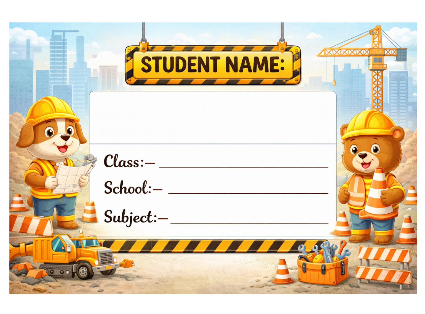 Smeeps Construction Theme School Name Labels Sticker – 7.62 × 5.08 cm (3 × 2 Inch) Personalized Writable Notebook Labels for Kids | Cute Builder Animal Design Sticker Pack of 10