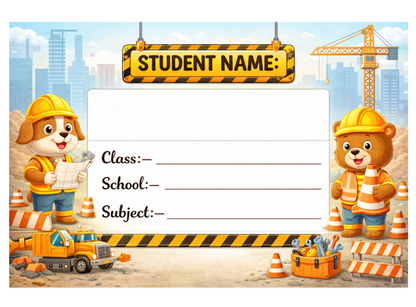 Smeeps Construction Theme School Name Labels Sticker – 7.62 × 5.08 cm (3 × 2 Inch) Personalized Writable Notebook Labels for Kids | Cute Builder Animal Design Sticker Pack of 10