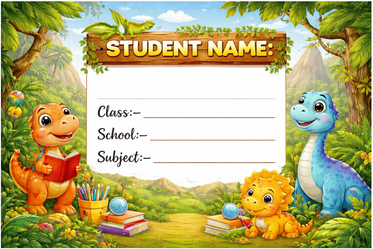 Smeeps Dinosaur Jungle School Name Labels Sticker – 7.62 × 5.08 cm (3 × 2 Inch) Personalized Writable Notebook Labels for Kids | Cute Dino Theme Sticker Pack of 10