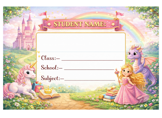 Smeeps Princess Unicorn School Name Labels Sticker – 7.62 × 5.08 cm (3 × 2 Inch) Personalized Writable Notebook Labels for Kids | Fantasy Castle Theme Sticker Pack of 10