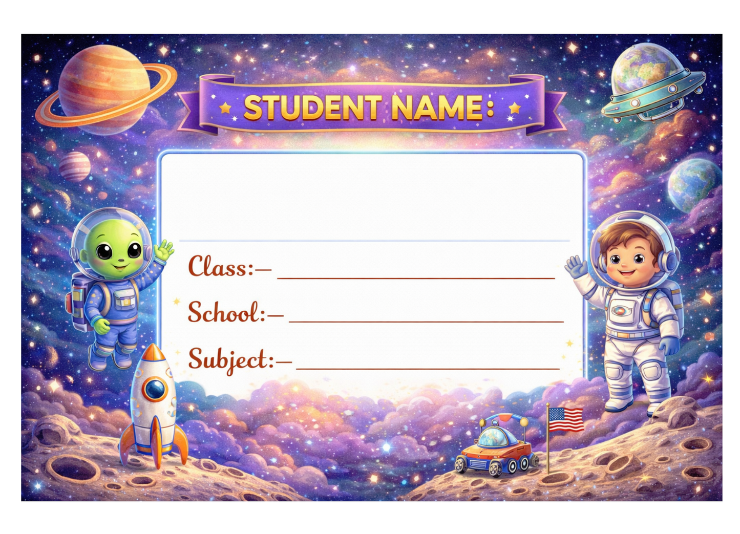 Smeeps Space Astronaut School Name Labels Sticker – 7.62 × 5.08 cm (3 × 2 Inch) Personalized Writable Notebook Labels for Kids | Galaxy Space Theme Sticker Pack of 10