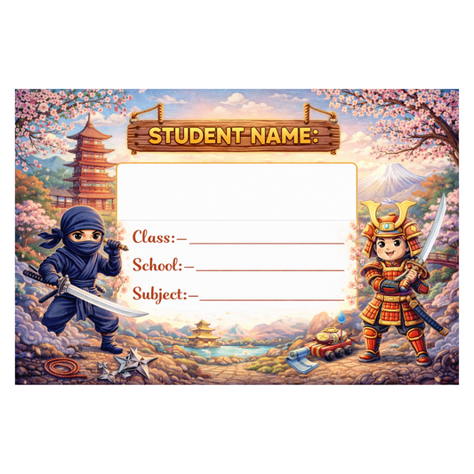 Smeeps Ninja Samurai School Name Labels Sticker – 7.62 × 5.08 cm (3 × 2 Inch) Personalized Writable Notebook Labels for Kids | Japanese Warrior Theme Sticker Pack of 10
