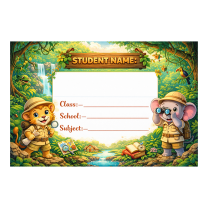 Smeeps Jungle Adventure School Name Labels Sticker – 7.62 × 5.08 cm (3 × 2 Inch) Personalized Writable Notebook Labels for Kids | Safari Explorer Theme Sticker Pack of 10
