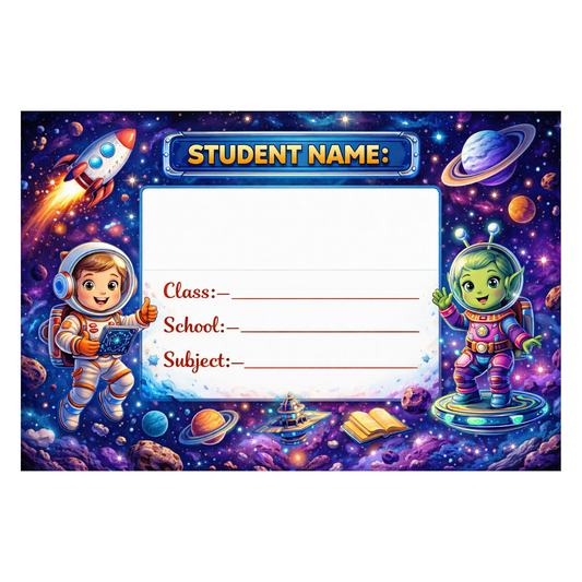 Smeeps Space Adventure School Name Labels Sticker – 7.62 × 5.08 cm (3 × 2 Inch) Personalized Writable Notebook Labels for Kids | Astronaut & Alien Theme Sticker Pack of 10