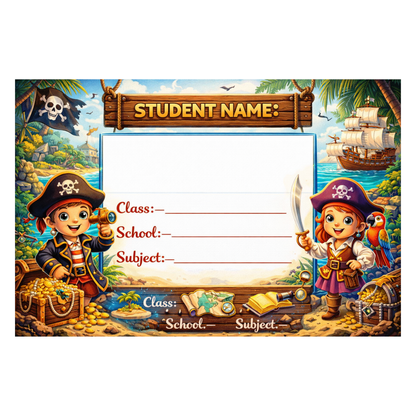 Smeeps Pirate Adventure School Name Labels Sticker – 7.62 × 5.08 cm (3 × 2 Inch) Personalized Writable Notebook Labels for Kids | Treasure Hunt Pirate Theme Sticker Pack of 10