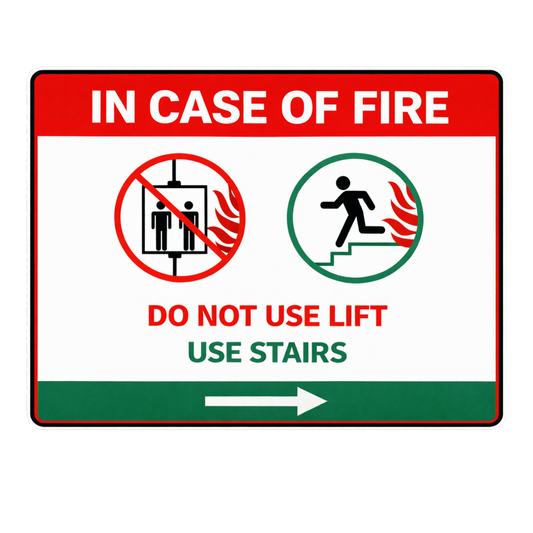 Smeeps In Case of Fire Do Not Use Lift – Use Stairs Arrow Sticker – 11.43 × 15.24 cm (4.5 × 6 Inch) Premium Vinyl Safety Sign | Fire Emergency Exit Direction Sticker | Waterproof UV Resistant Wash Proof | Pack of 1