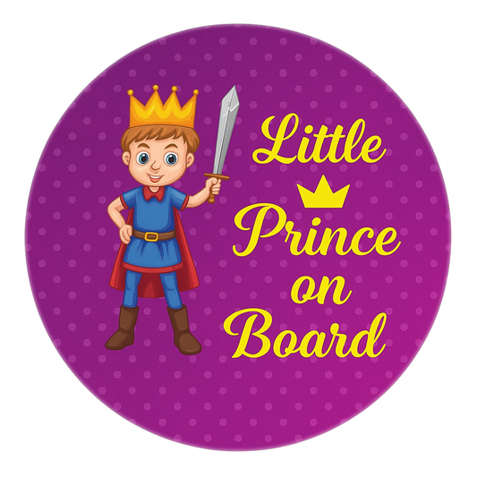 Smeeps Little Prince On Board Sticker – 15.24 cm Round | Cute Cartoon Prince with Sword & Crown | Purple Polka Dot Safety Sign for Cars