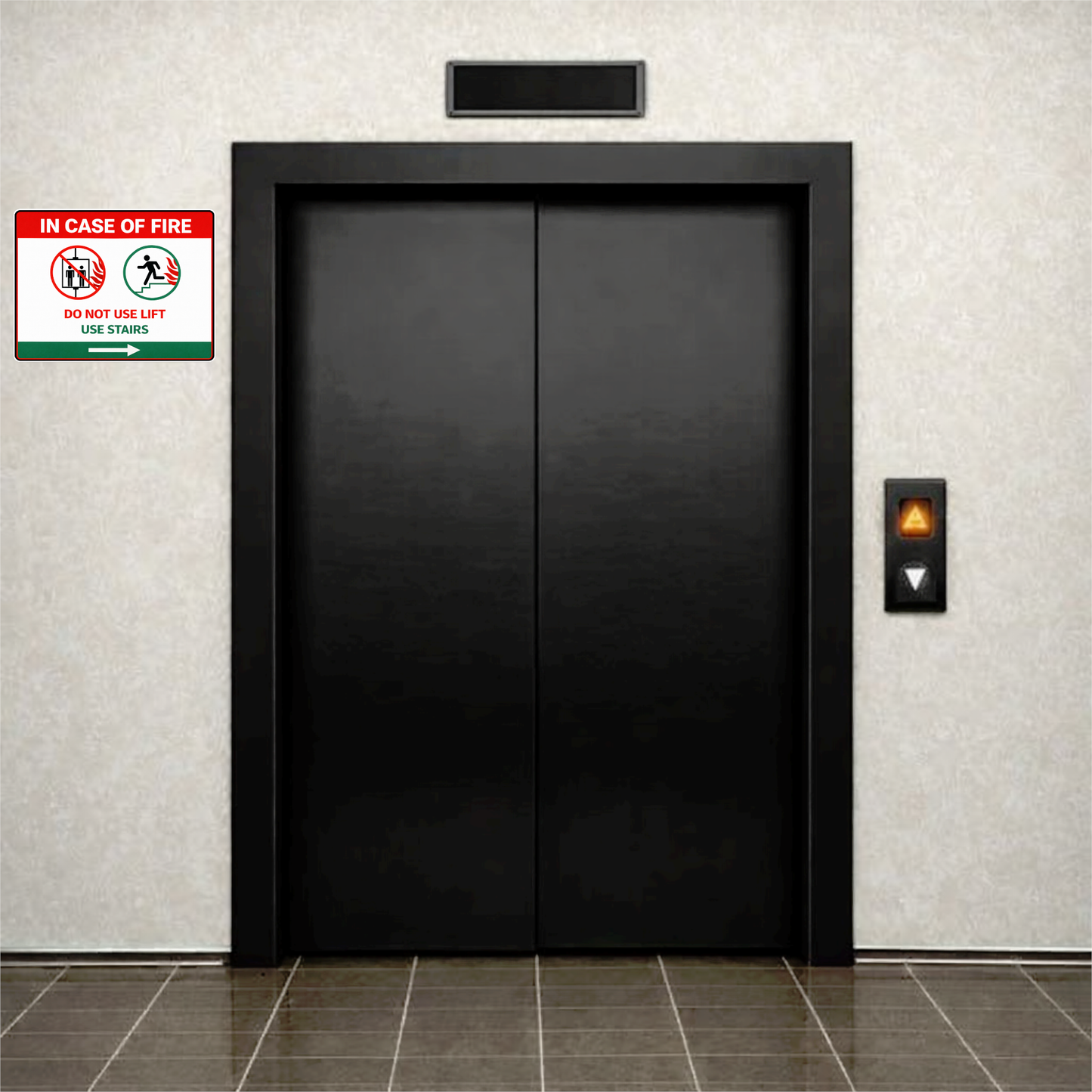 Smeeps In Case of Fire Do Not Use Lift – Use Stairs Arrow Sticker – 11.43 × 15.24 cm (4.5 × 6 Inch) Premium Vinyl Safety Sign | Fire Emergency Exit Direction Sticker | Waterproof UV Resistant Wash Proof | Pack of 1