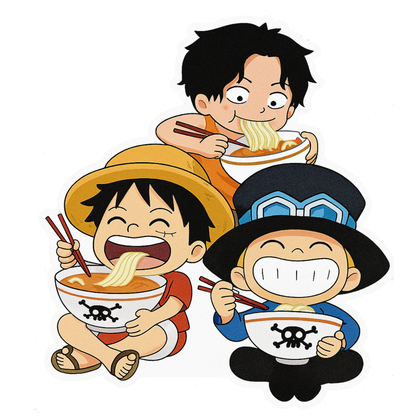 Smeeps One Piece Brothers Eating Ramen Sticker – 10.16 x 11.43 cm Car & Bike Vinyl Decal | Luffy, Ace & Sabo Chibi Design | Waterproof & UV Resistant