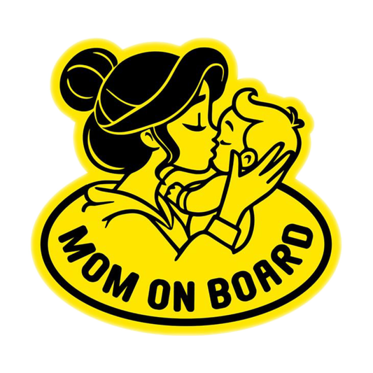 Smeeps Mom On Board Sticker – 12.5 x 12 cm Oval Kiss Design | Loving Mother & Baby Graphic | Bright Yellow, Waterproof, Durable