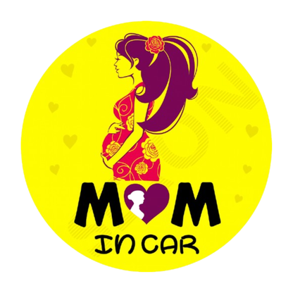 Smeeps Mom in Car Sticker – 14 x 14 cm Round Design with Stylish Pregnant Woman Art | Bright Yellow Safety Decal | Waterproof & Fade Resistant Car Sticker