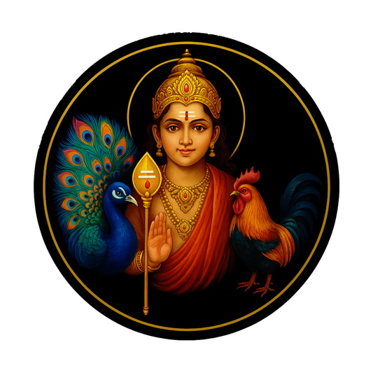Smeeps Lord Murugan Round Sticker – 7.62 x 7.62 cm Car & Bike Vinyl Decal | Peacock & Rooster Artwork | Waterproof & UV-Proof Devotional Design