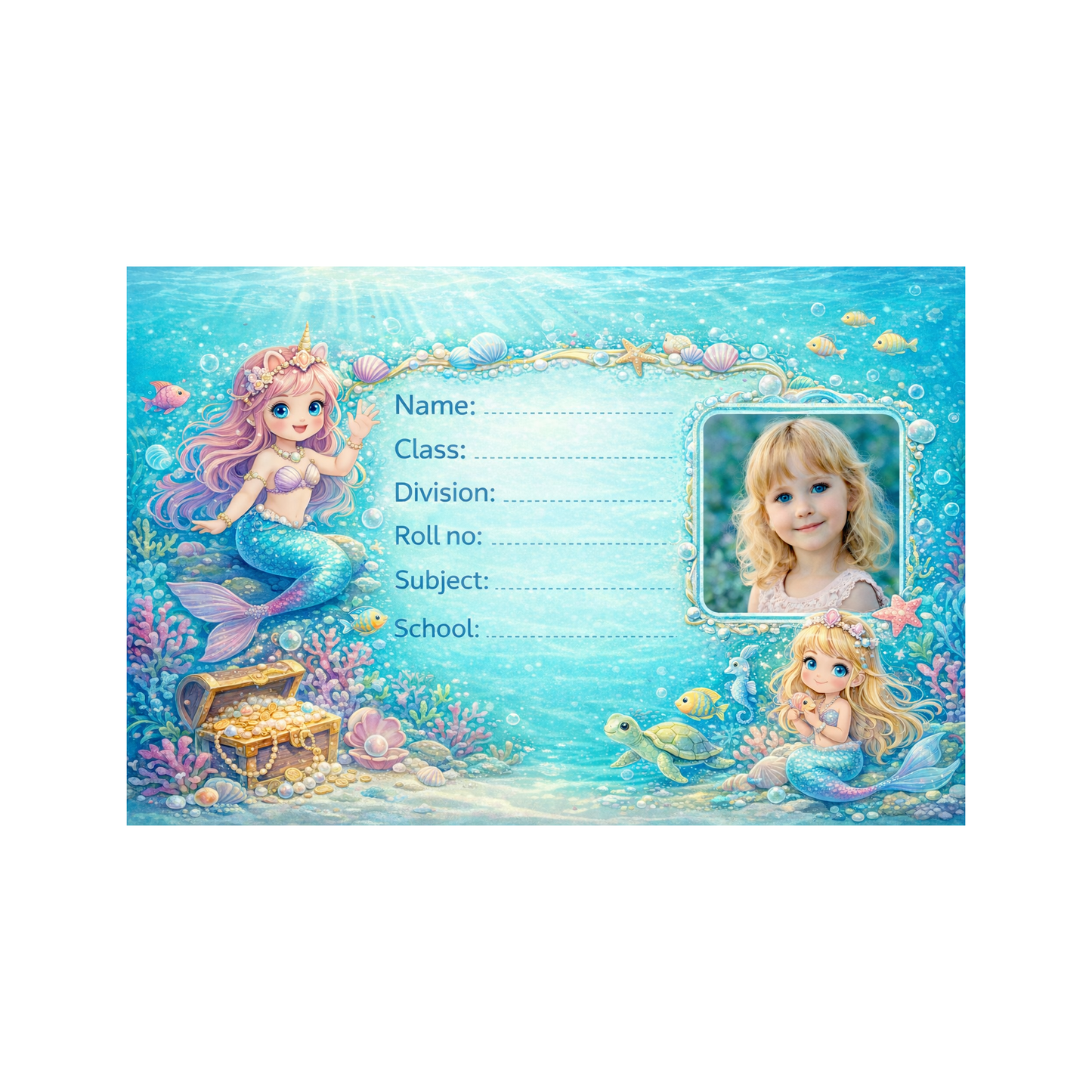 Smeeps Personalized Mermaid School Label Stickers – Pack of 10 | 3 x 2 Inch Custom Name Labels with Photo | Blue Underwater Ocean Theme | Waterproof Premium Stickers for Kids