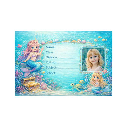 Smeeps Personalized Mermaid School Label Stickers – Pack of 10 | 3 x 2 Inch Custom Name Labels with Photo | Blue Underwater Ocean Theme | Waterproof Premium Stickers for Kids