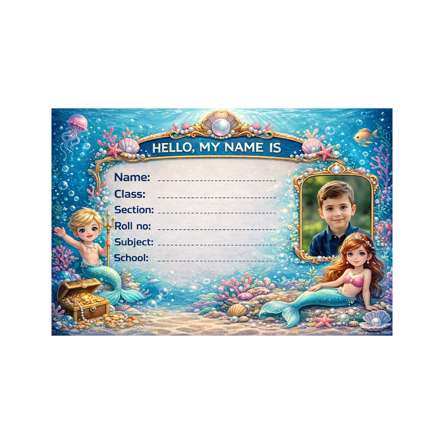 Smeeps Personalized Mermaid School Label Stickers – Pack of 10 | 3 x 2 Inch Custom Name Labels with Photo | Underwater Ocean Theme | Waterproof Premium Finish for Kids
