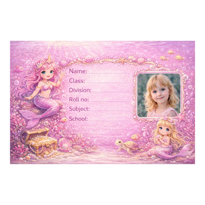 Smeeps Personalized Mermaid School Label Stickers – Pack of 10 | 3 x 2 Inch Custom Name Labels with Photo | Pink Underwater Ocean Theme | Waterproof Premium Stickers for Kids