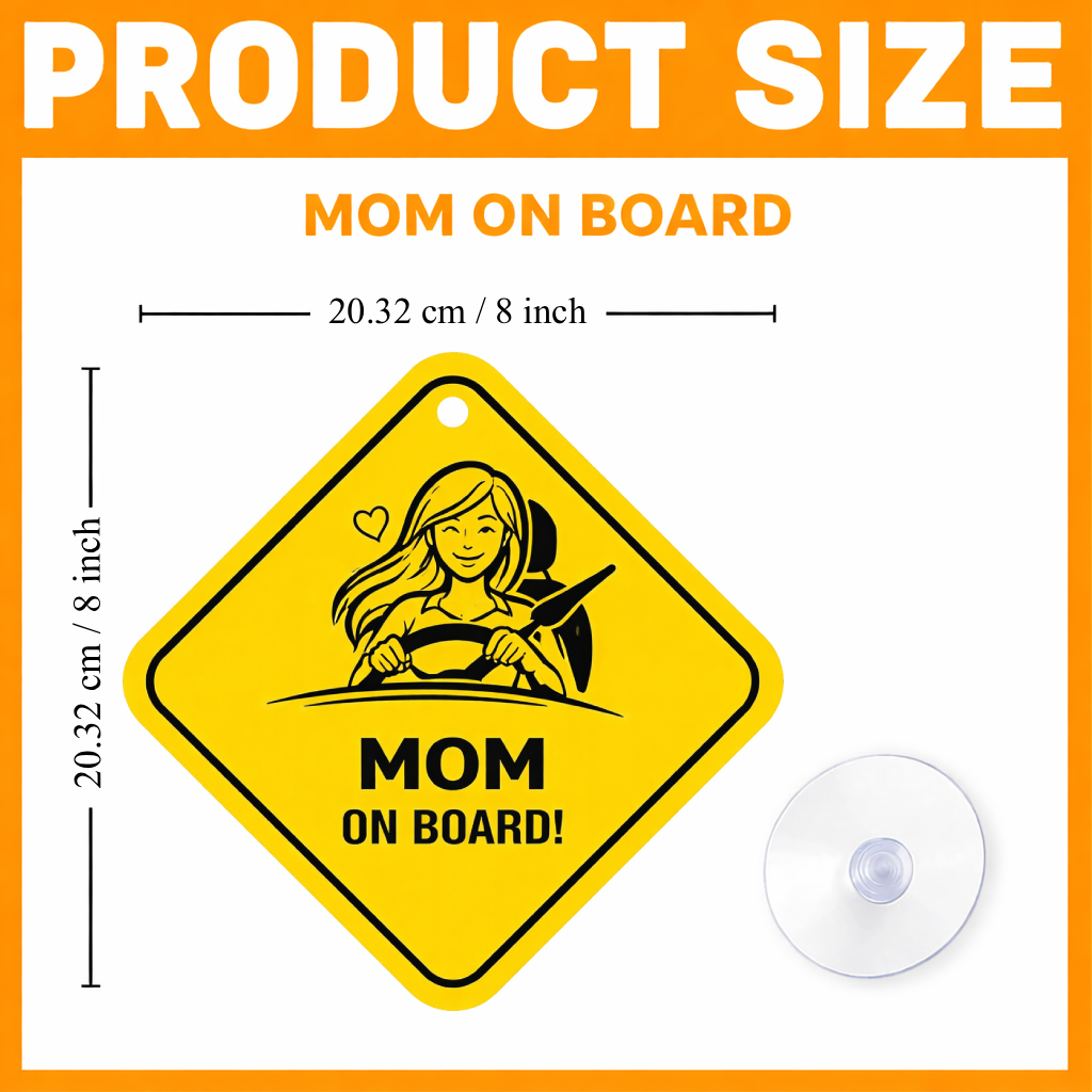 Smeeps Mom On Board Hanging Sign – 20.32 × 20.32 cm (8 × 8 Inch) Waterproof Car Hanging Board with Suction Cup | Cute Mom Driver Safety Sign