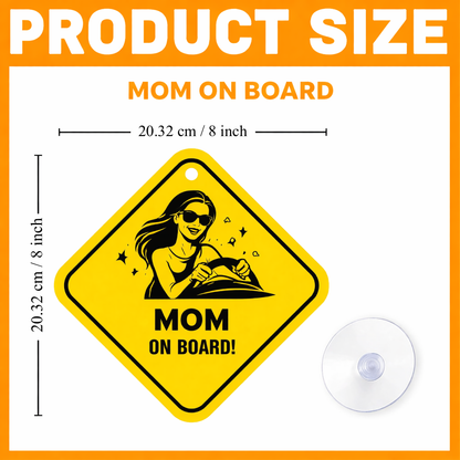Smeeps Mom On Board Hanging Sign – 20.32 × 20.32 cm (8 × 8 Inch) Stylish Mom Driver Waterproof Car Hanging Board with Suction Cup | Family Safety Vehicle Warning Sign