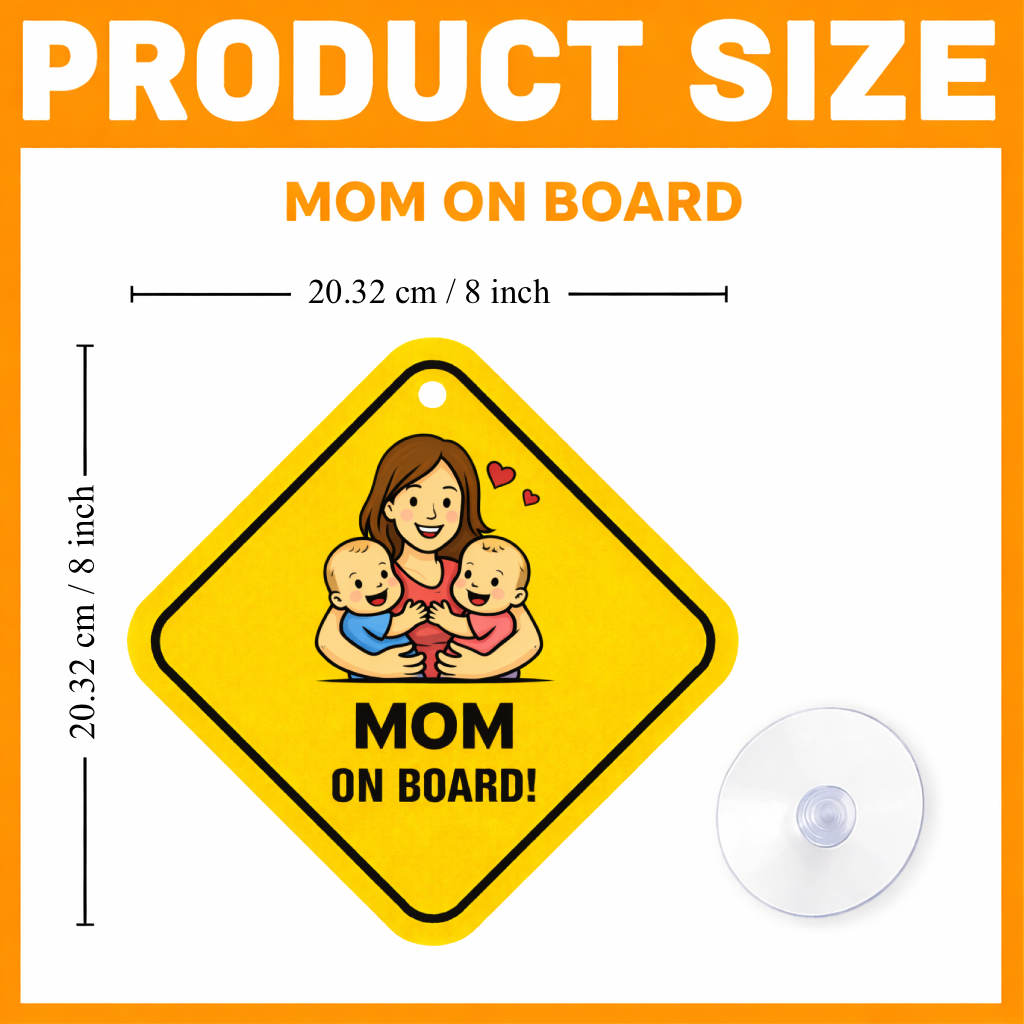 Smeeps Mom On Board Hanging Sign – 20.32 × 20.32 cm (8 × 8 Inch) Cute Mom with Twin Babies Waterproof Car Hanging Board with Suction Cup | Family Safety Vehicle Sign Pack of 1