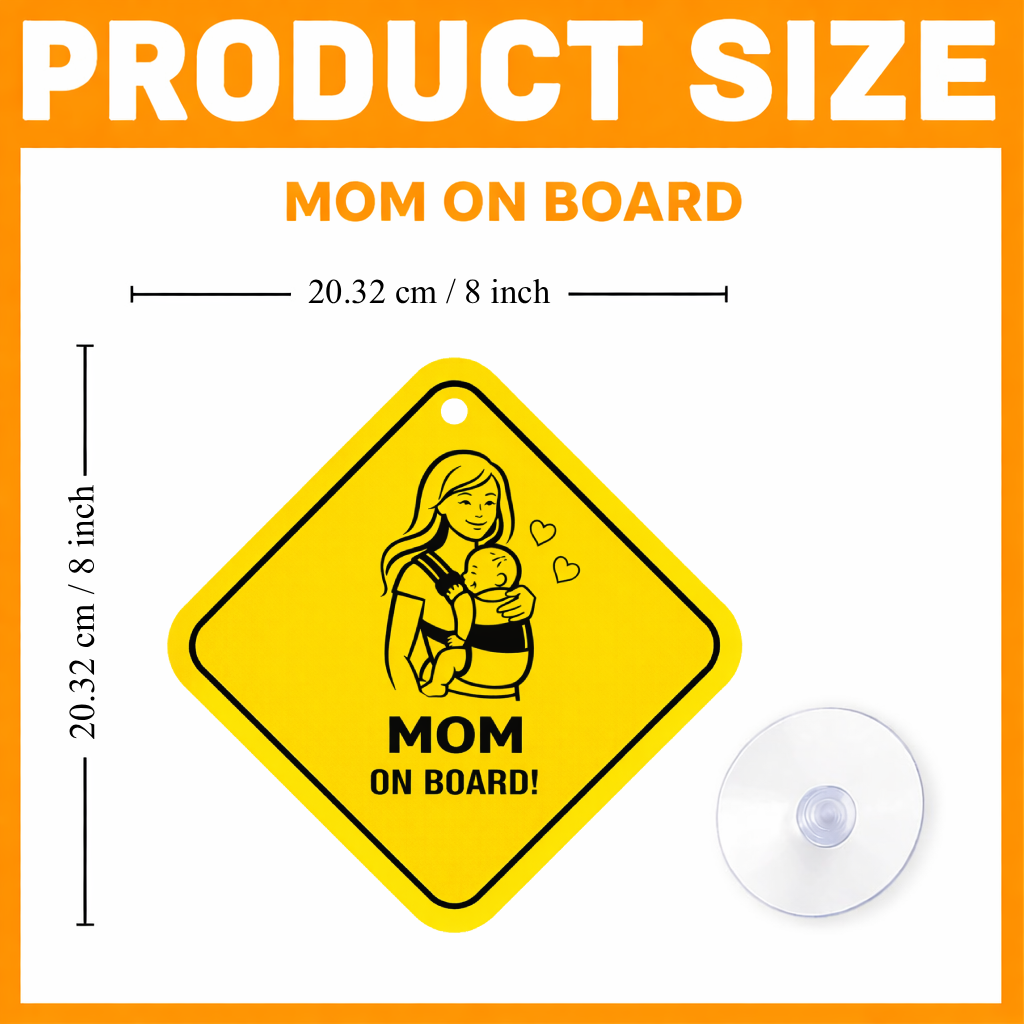 Smeeps Mom On Board Hanging Sign – 20.32 × 20.32 cm (8 × 8 Inch) Waterproof Baby Safety Car Hanging Board with Suction Cup | Mother & Baby Design Pack of 1
