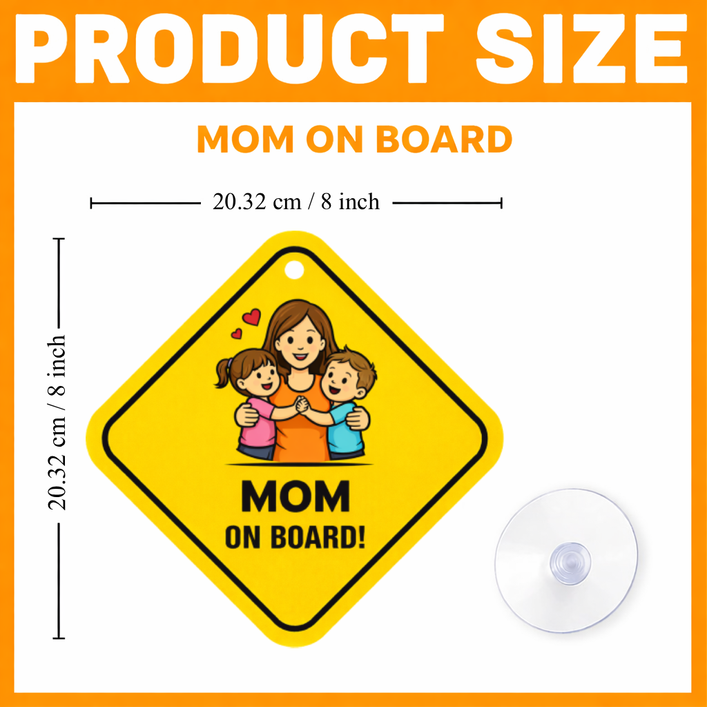 Smeeps Mom On Board Hanging Sign – 20.32 × 20.32 cm (8 × 8 Inch) Cute Mother with Kids Waterproof Car Hanging Board with Suction Cup | Family Safety Vehicle Sign Pack of 1