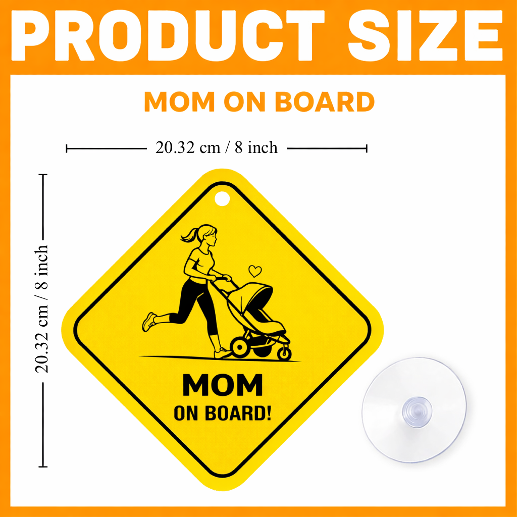Smeeps Mom On Board Hanging Sign – 20.32 × 20.32 cm (8 × 8 Inch) Waterproof Baby Safety Car Hanging Board with Suction Cup | Mom with Baby Stroller Design