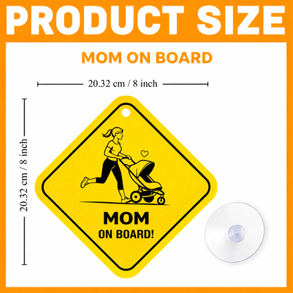 Smeeps Mom On Board Hanging Sign – 20.32 × 20.32 cm (8 × 8 Inch) Waterproof Baby Safety Car Hanging Board with Suction Cup | Mom with Baby Stroller Design