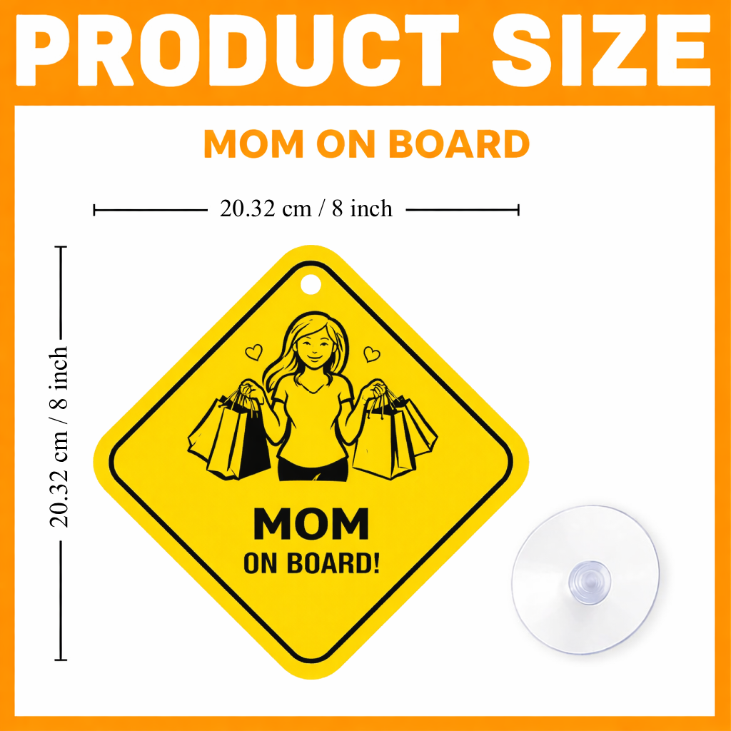 Smeeps Mom On Board Hanging Sign – 20.32 × 20.32 cm (8 × 8 Inch) Waterproof Car Hanging Board with Suction Cup | Shopping Mom Safety Design