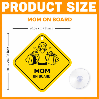 Smeeps Mom On Board Hanging Sign – 20.32 × 20.32 cm (8 × 8 Inch) Waterproof Car Hanging Board with Suction Cup | Shopping Mom Safety Design