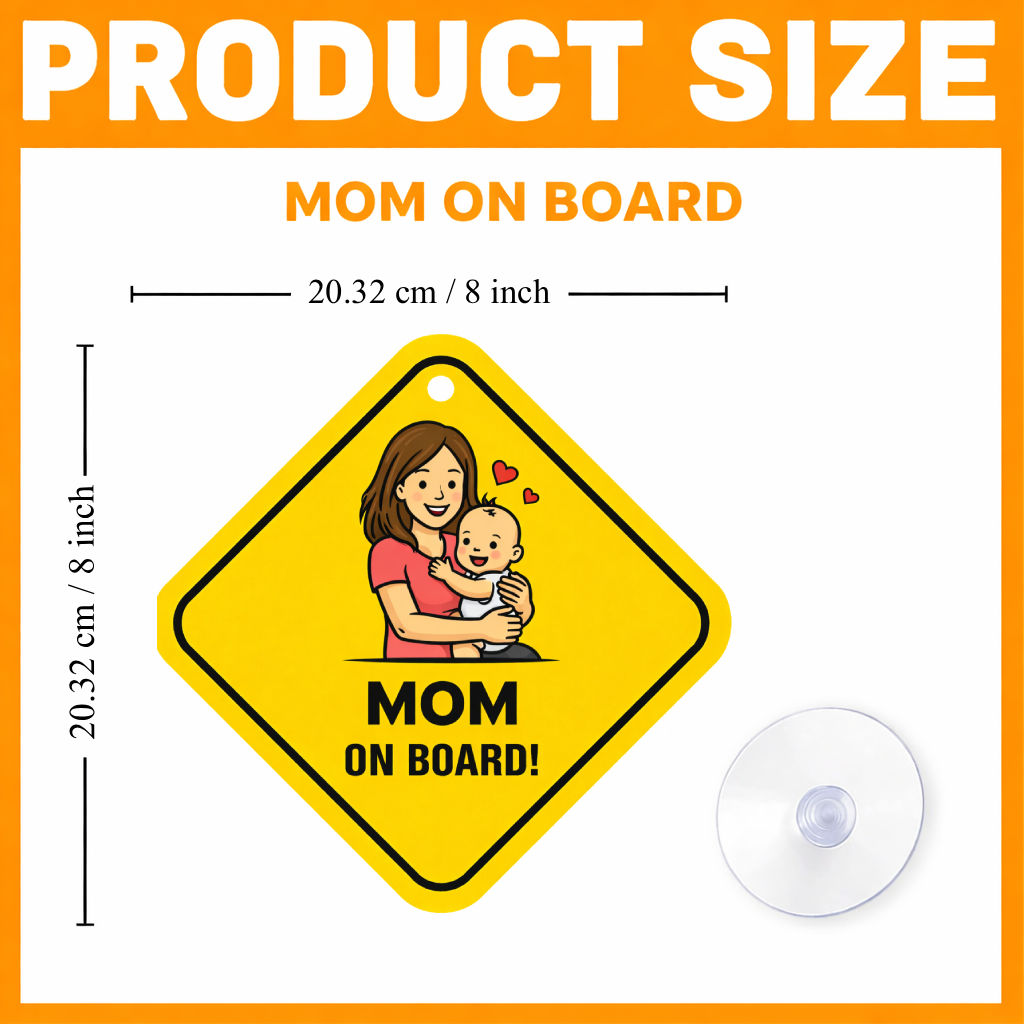 Smeeps Mom On Board Hanging Sign – 20.32 × 20.32 cm (8 × 8 Inch) Mother Carrying Baby Waterproof Car Hanging Board with Suction Cup | Cute Family Safety Vehicle Sign Pack of 1