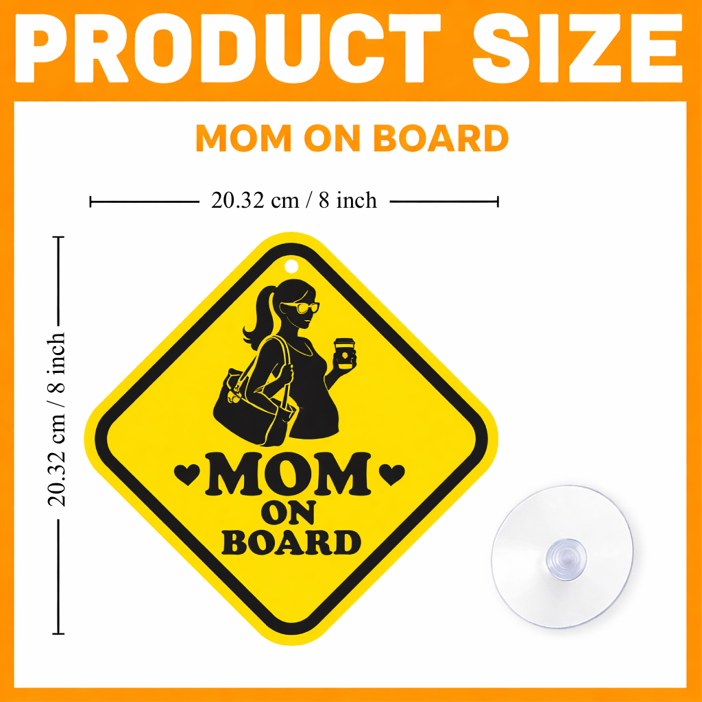 Smeeps Stylish Mom On Board Hanging Sign – 20.32 × 20.32 cm (8 × 8 Inch) Waterproof UV Resistant Car Hanging Board with Suction Cup | Premium Mother Safety Vehicle Sign Pack of 1
