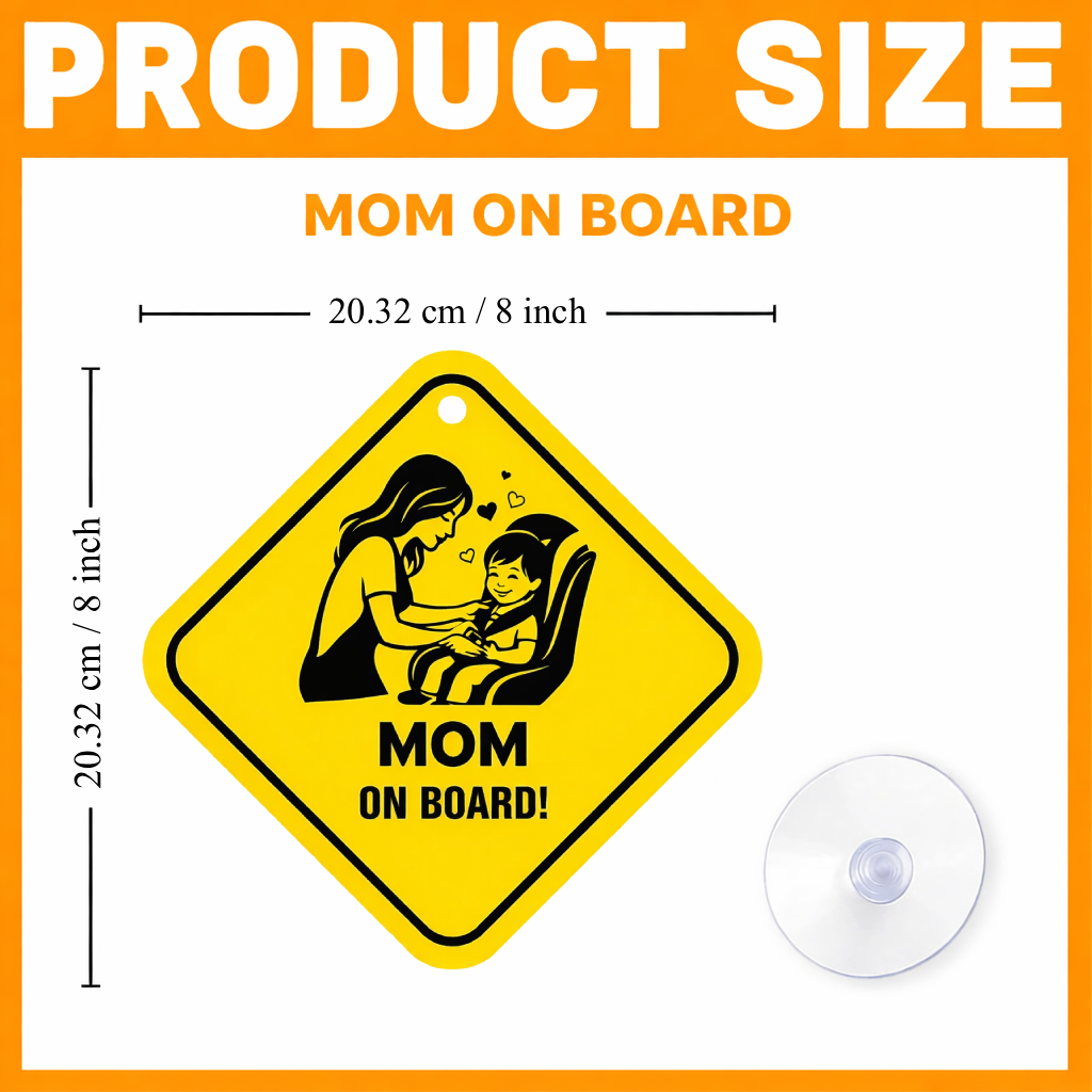 Smeeps Mom On Board Hanging Sign – 20.32 × 20.32 cm (8 × 8 Inch) Mom & Child Car Seat Waterproof Hanging Board with Suction Cup | Family Safety Vehicle Sign Pack of 1