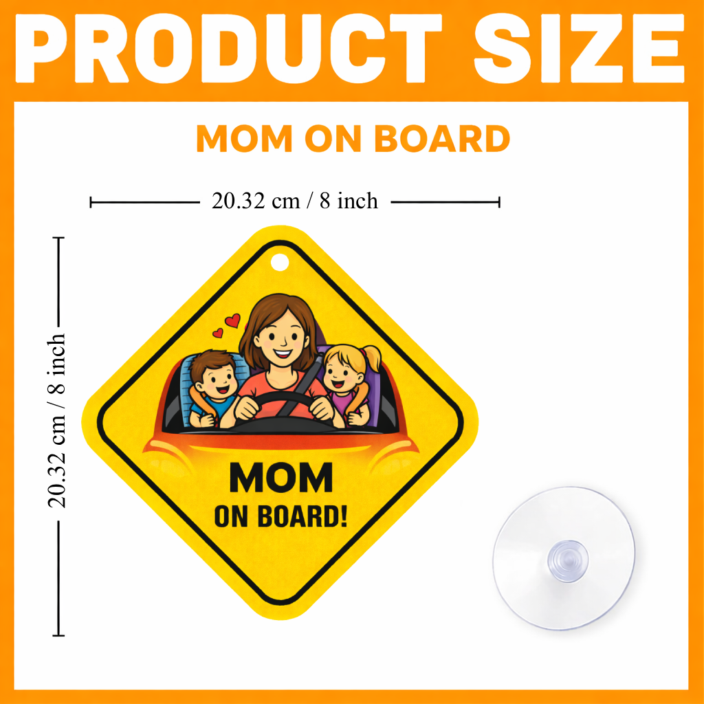 Smeeps Mom On Board Hanging Sign – 20.32 × 20.32 cm (8 × 8 Inch) Mom Driving with Kids Waterproof Car Hanging Board with Suction Cup | Cute Family Safety Vehicle Sign Pack of 1