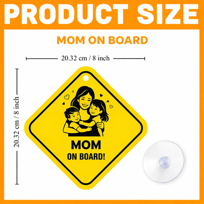 Smeeps Mom On Board Hanging Sign – 20.32 × 20.32 cm (8 × 8 Inch) Mother & Kids Waterproof Car Hanging Board with Suction Cup | Family Safety Vehicle Warning Sign Pack of 1