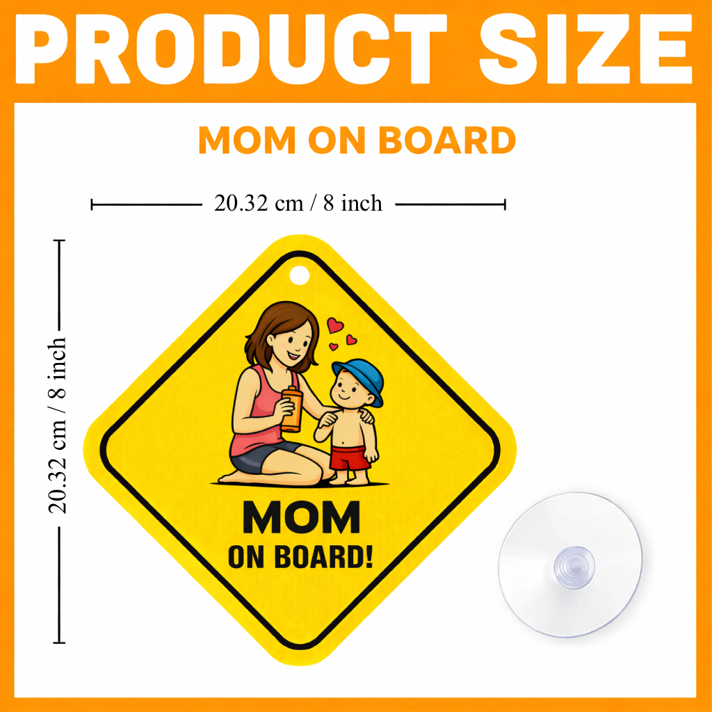 Smeeps Mom On Board Hanging Sign – 20.32 × 20.32 cm (8 × 8 Inch) Caring Mom & Child Waterproof Car Hanging Board with Suction Cup | Cute Family Safety Vehicle Sign Pack of 1