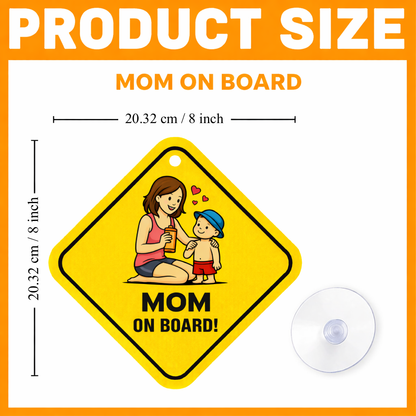 Smeeps Mom On Board Hanging Sign – 20.32 × 20.32 cm (8 × 8 Inch) Caring Mom & Child Waterproof Car Hanging Board with Suction Cup | Cute Family Safety Vehicle Sign Pack of 1